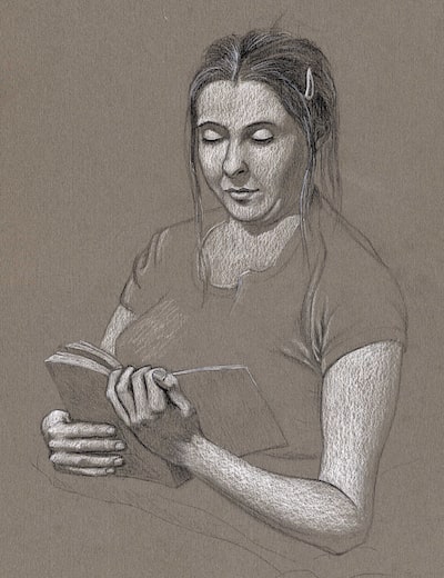 Angela reading (black and white charcoal)