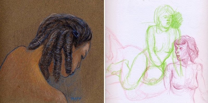 Two very different examples of colored pencil life drawing