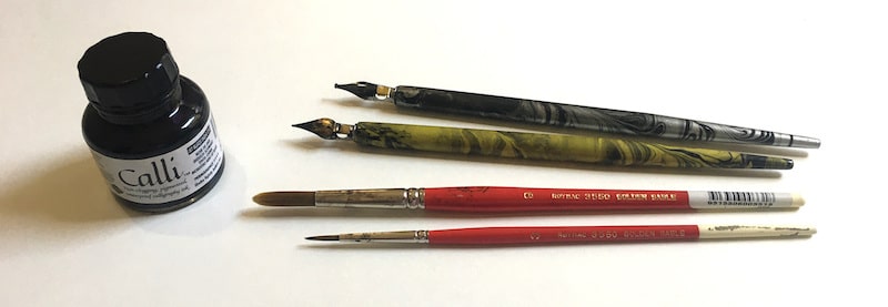 Black India ink, 2 nibs, 2 brushes