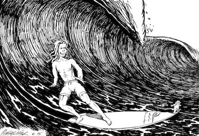 James and Ogga surfing