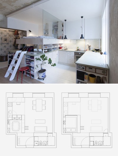 Kitchen cabinets and different flooring clearly define the extents of the kitchen