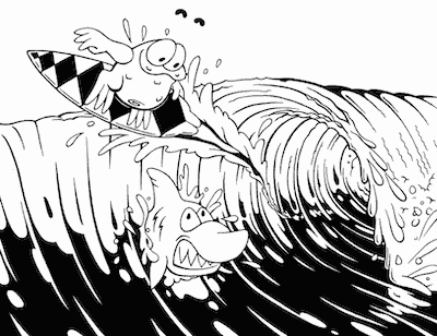 Ogga surfing around Marvin the shark