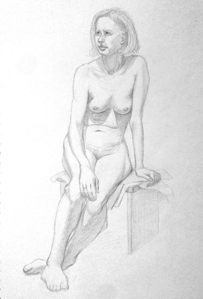 Life drawing of a seated woman in graphite pencil