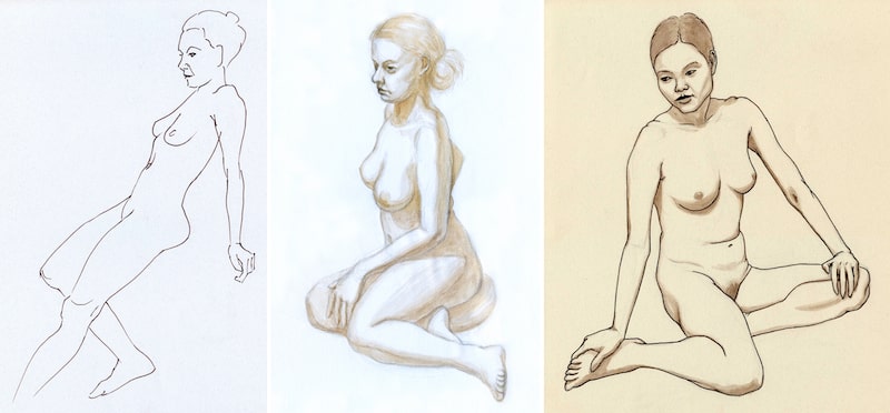 Two sepia ink life drawings in different styles