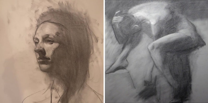 Willow charcoal life drawings by Greg Harris and Norman Bonney