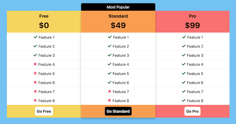 3 column product comparison layout