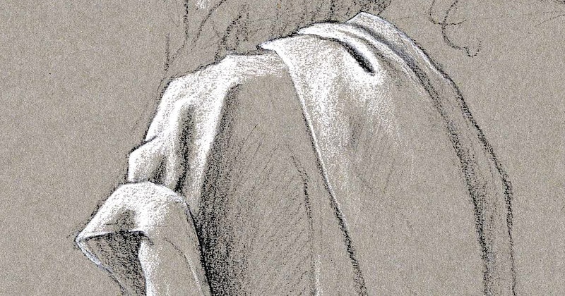 Black and white charcoal study of folded fabric