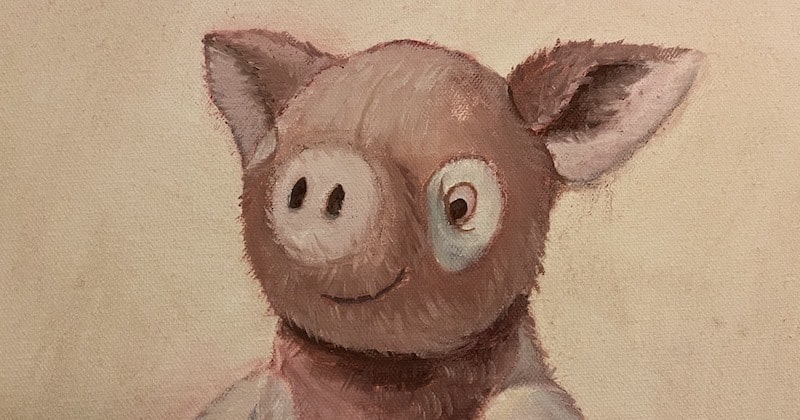 A close-up of my Ikea pig oil painting
