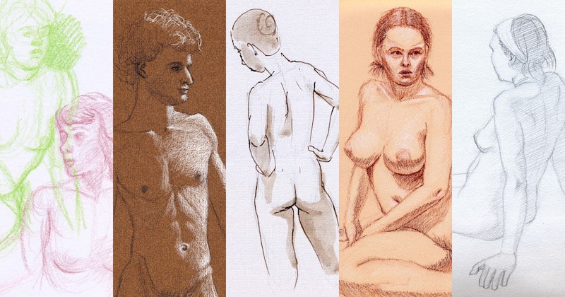 A selection of life drawings in different mediums