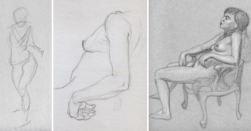 Life drawings drawn with different pose times from 1 minute to two hours