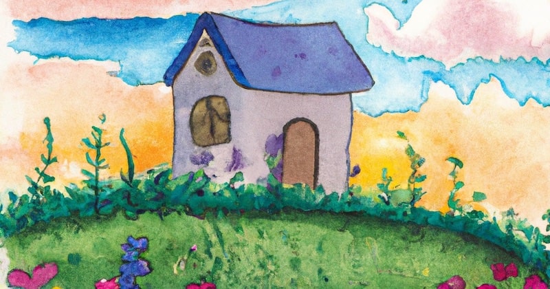 Watercolor painting of a small house in a field